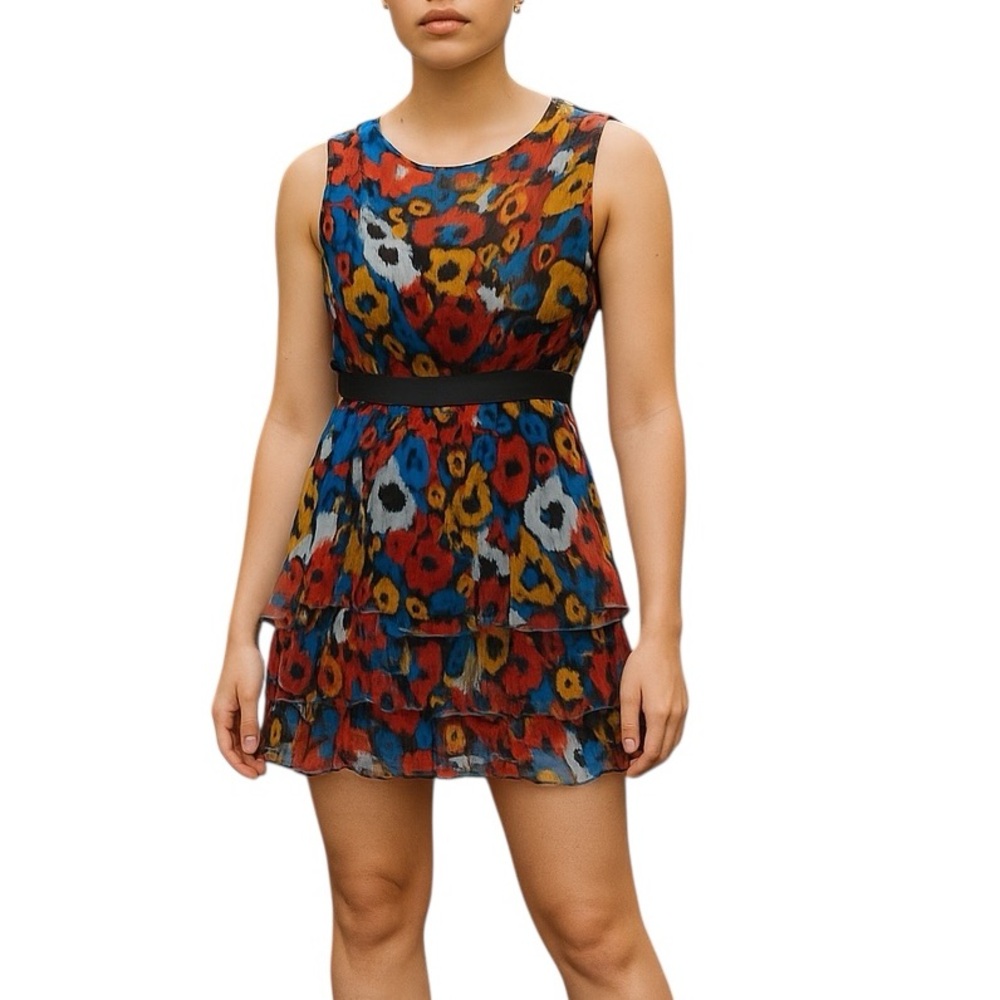 ⭐️RARE Kova & T Vibrant Lined Multicolored Sleeveless Midi w/ Black Waistband